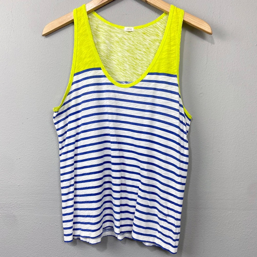 J.Crew Striped Knit Tank Top Size L Blue Neon Yellow Casual Nautical Preppy Twee